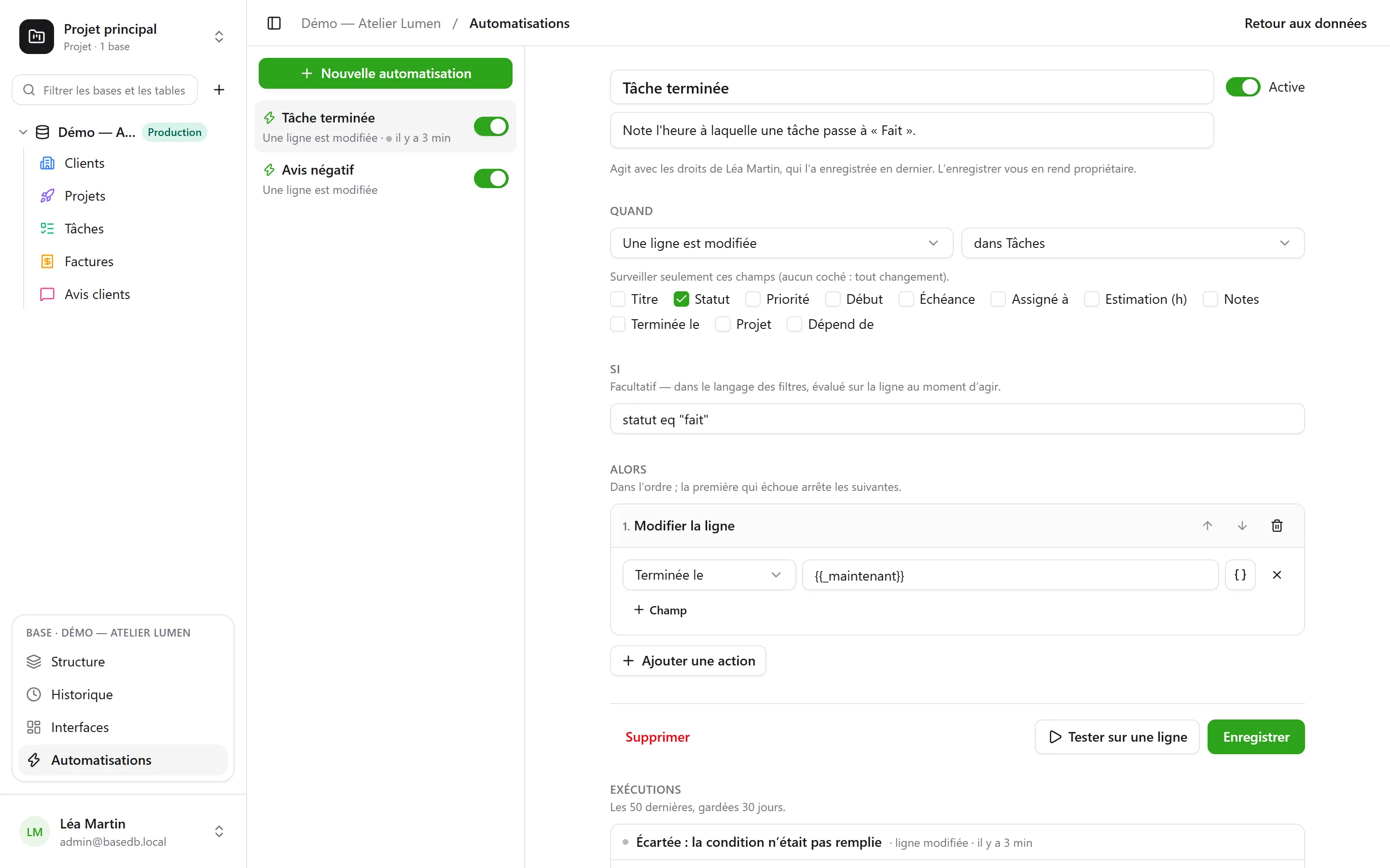 basedb — automatisations : Quand une ligne change, à heure fixe ou d’un clic : modifier, créer, prévenir, appeler un webhook, écrire sur Slack.